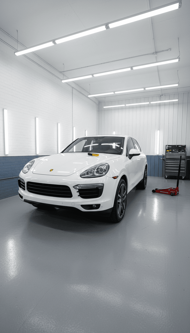 White SUV in detailing bay with paint-depth gauge on hood