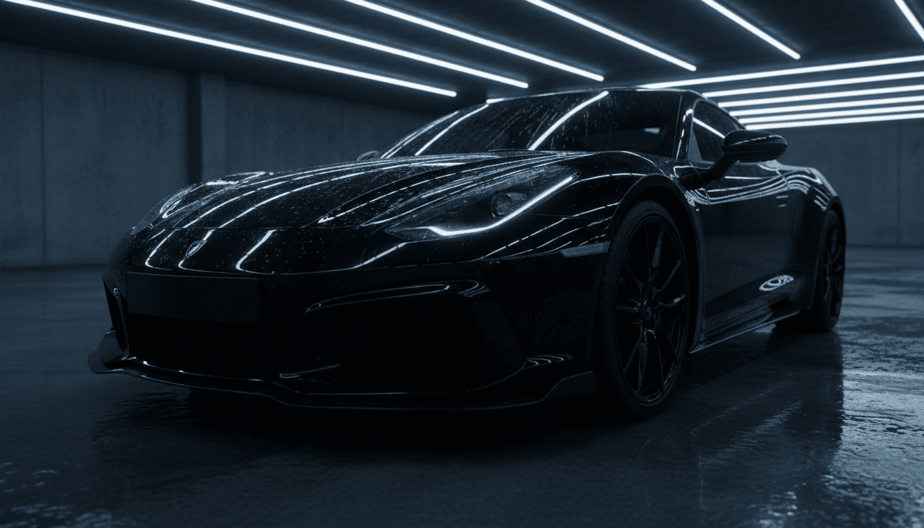 Glossy black sports car in a dim garage with overhead lighting reflecting off the hood