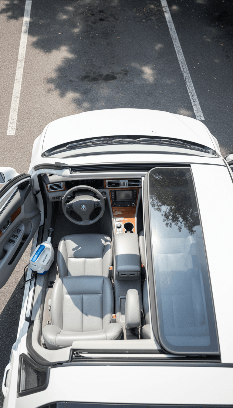 Overhead view of detailed car interior with leather and trim