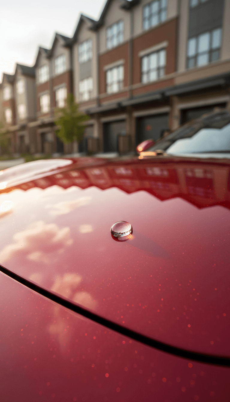 Ceramic-coated red sports car hood with perfect water beading