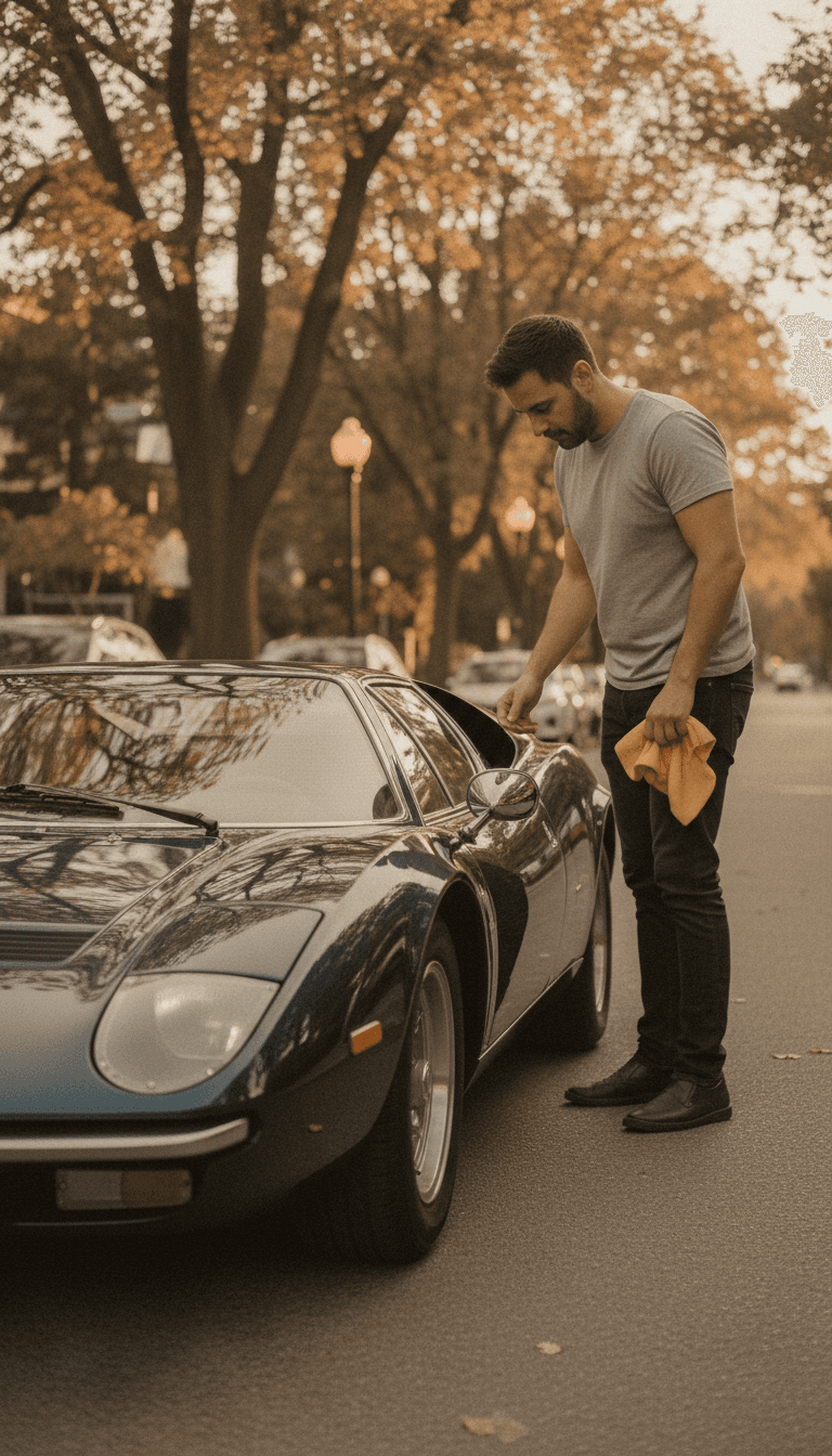 Detailing an exotic blue car on a Toronto street at sunset