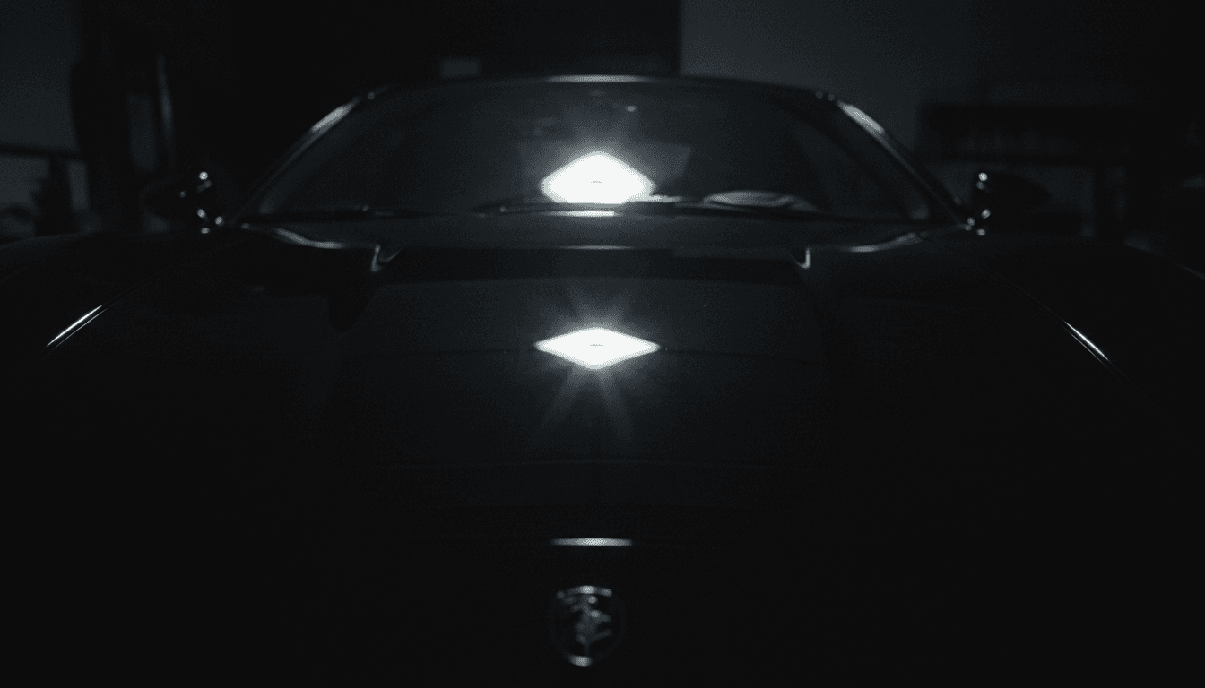 Close-up of deep black car hood showing perfect mirror reflection of overhead lights