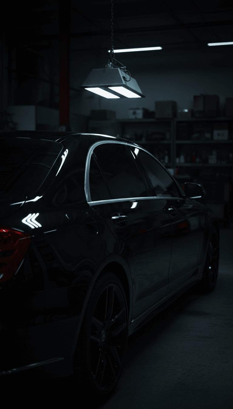 Glossy black sedan reflecting garage floor after paint correction