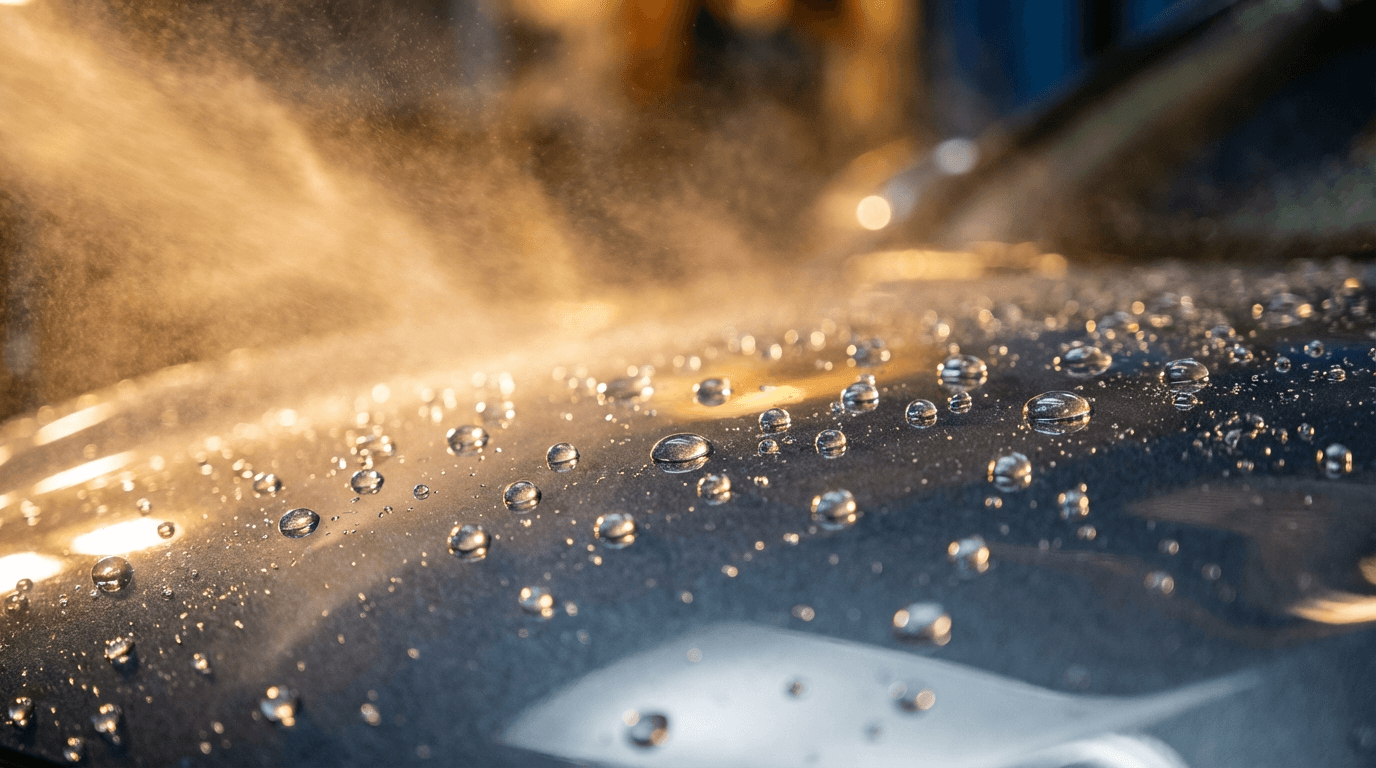 Close-up water bead on a ceramic coated black car hood showing deep gloss