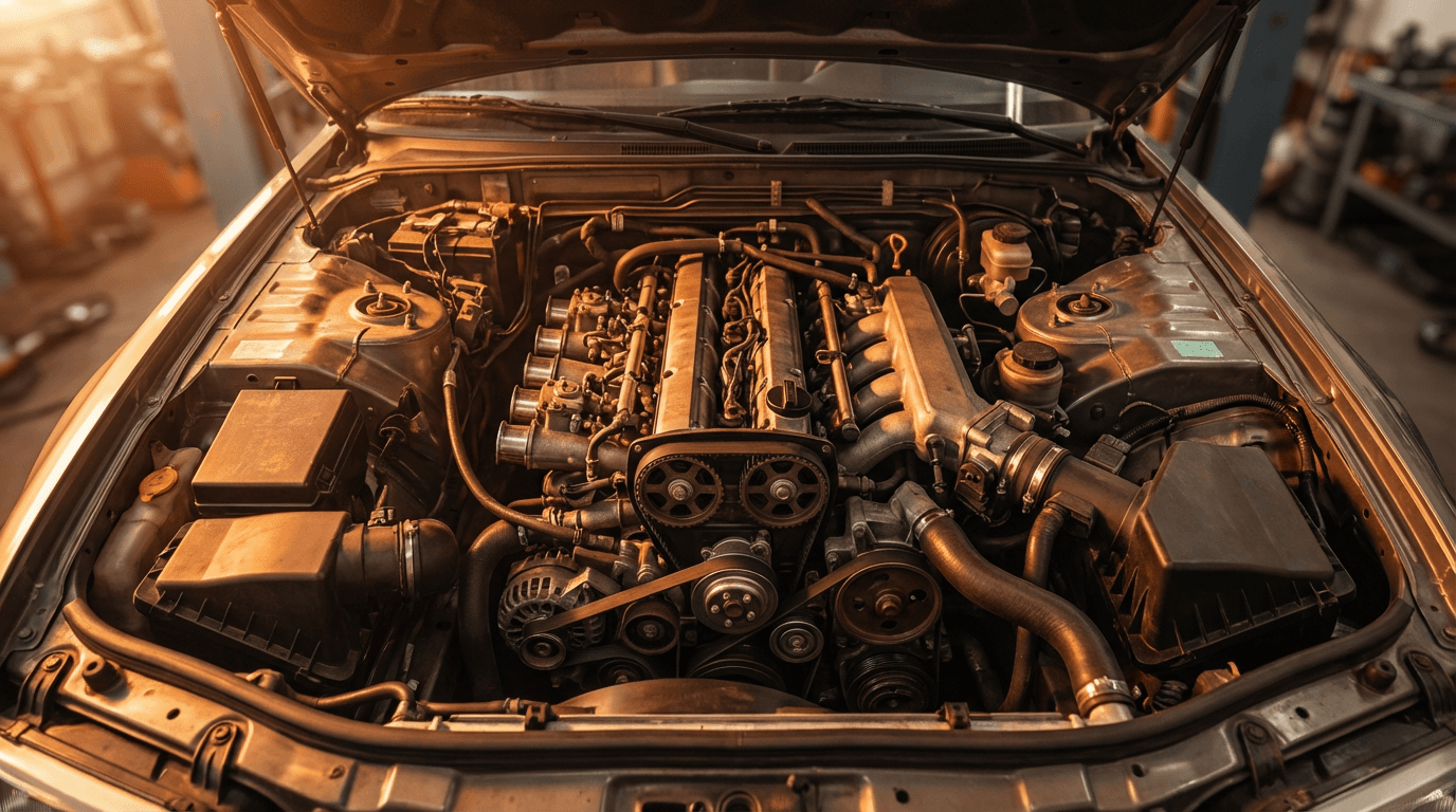 Clean detailed engine bay viewed from above