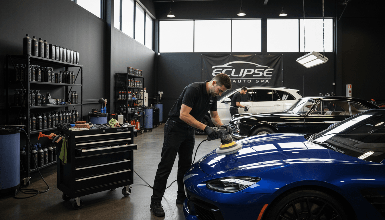 A car in a garage bay with soft light from a window, detailer's hand resting on the hood with a microfiber cloth.