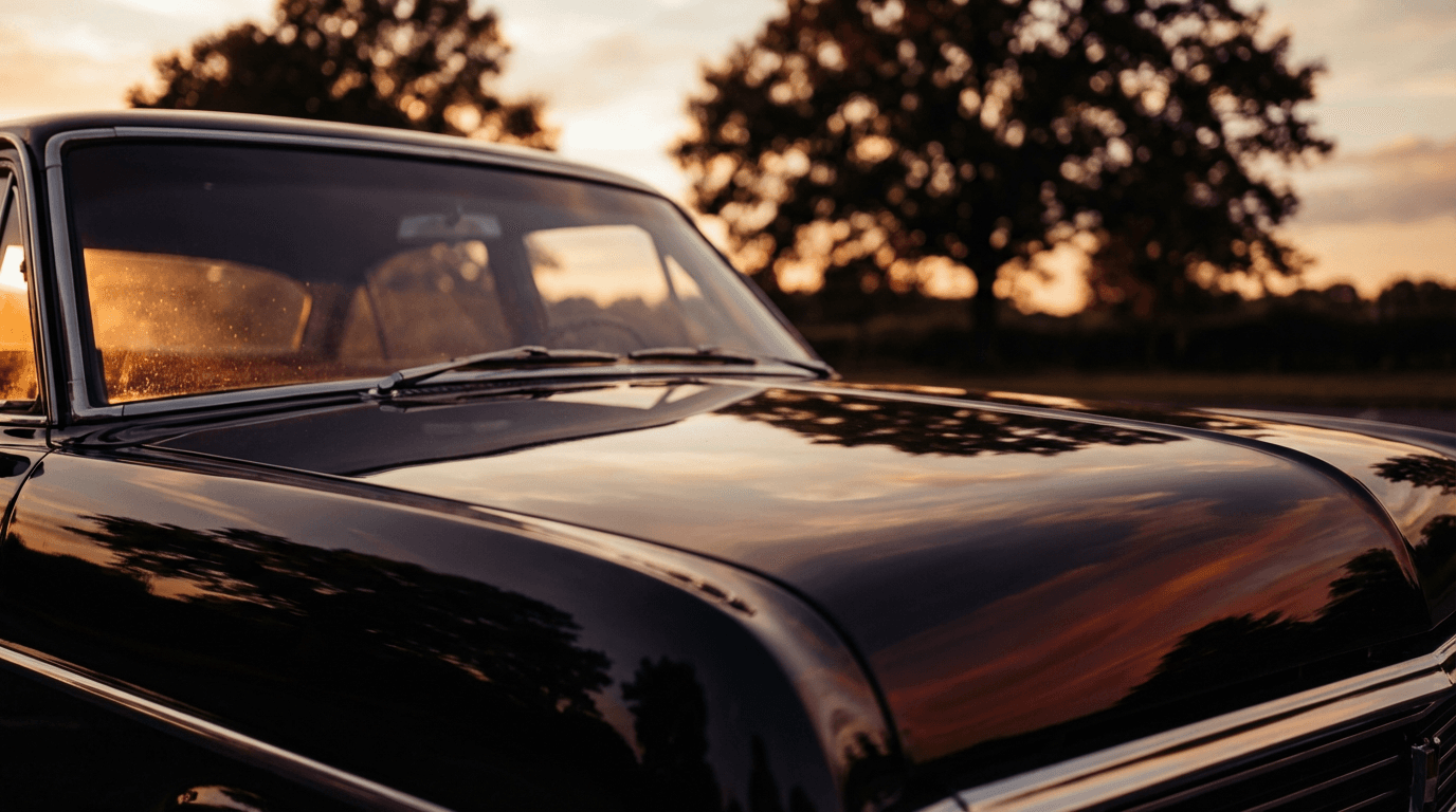 Close-up of a car hood with a flawless paint finish reflecting light