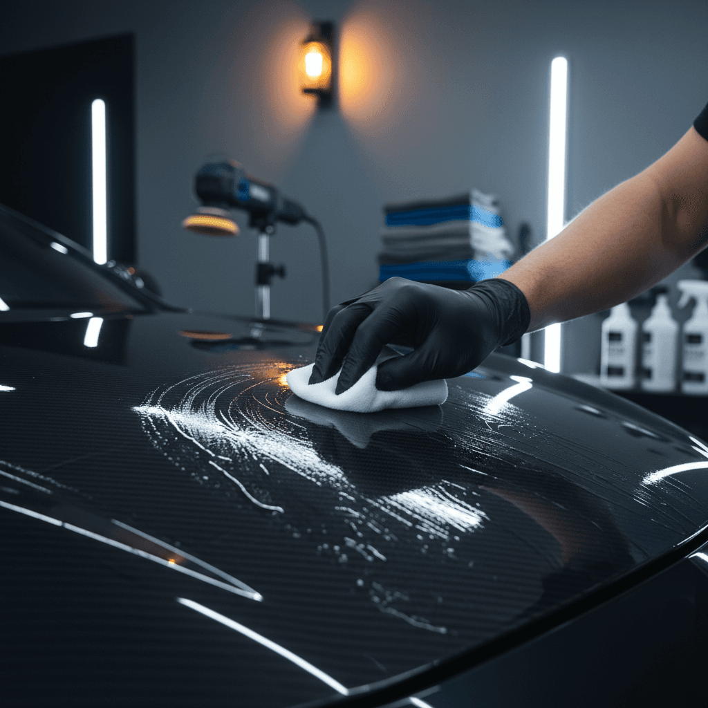 Hands applying ceramic coating to a car panel