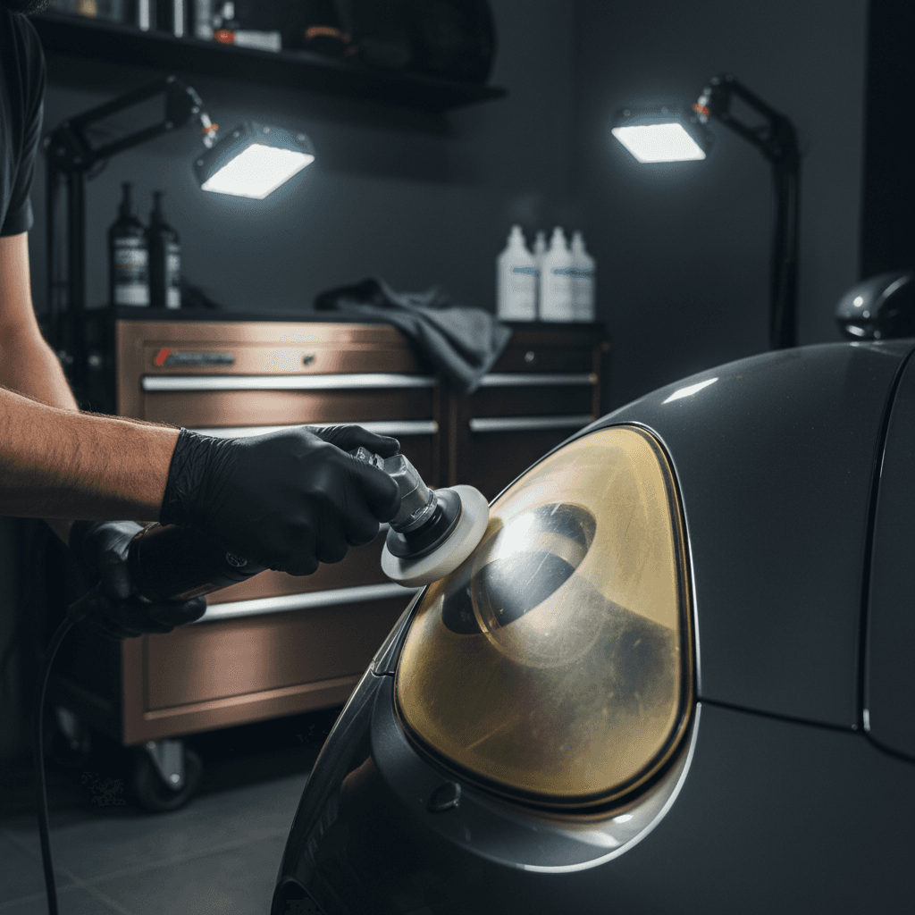 Headlight restoration detail with half clear half yellowed