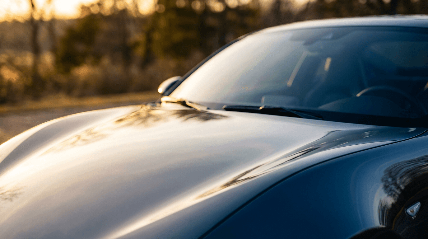 Glossy black car hood in a dark detail bay with focused spotlights and a microfiber cloth