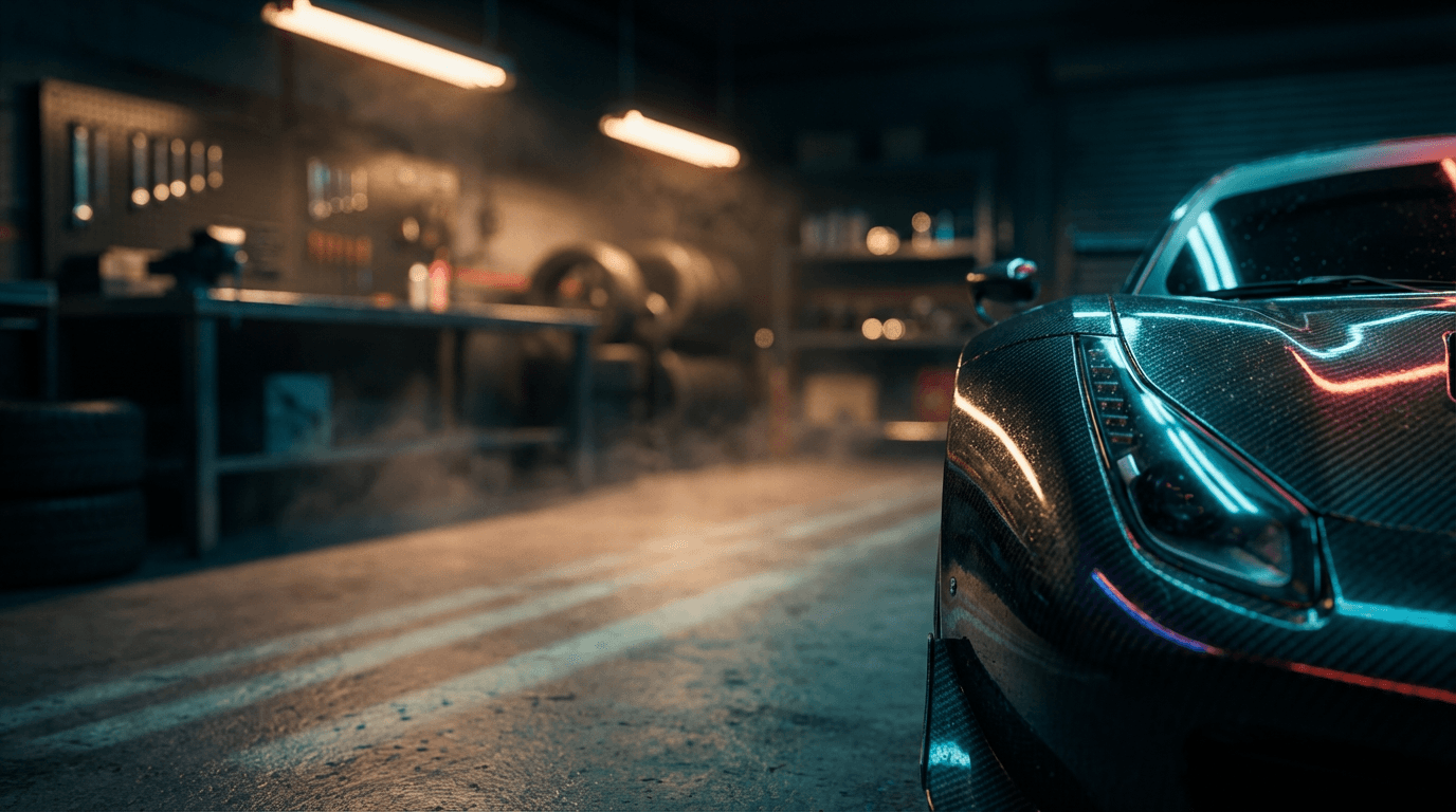 Gleaming car hood reflecting light in a dark garage bay with detailing tools nearby
